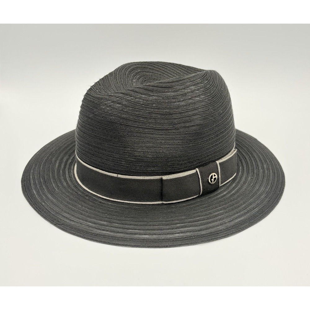 Vintage Giorgio Armani Black Woven Straw Fedora Hat Italy Mens S Womens M 22"